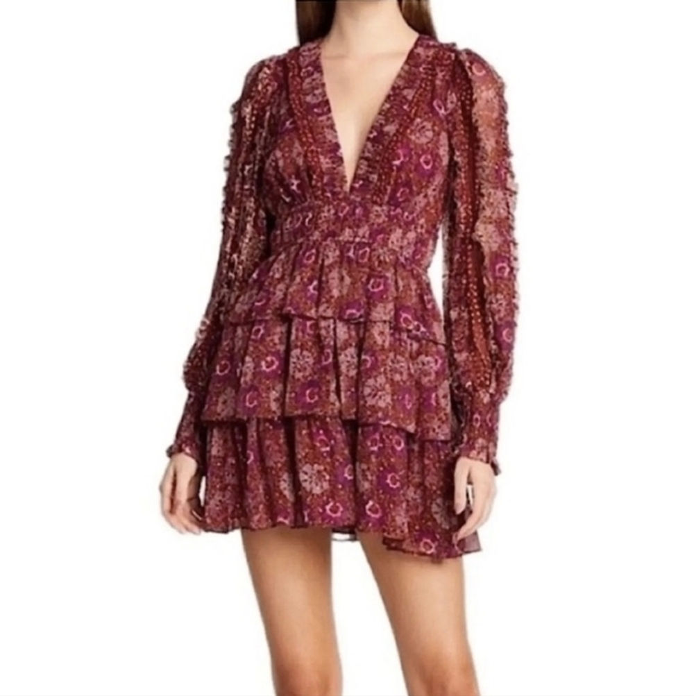 House of Harlow Tiered Purple Floral Chiffon Mini Dress Size 6